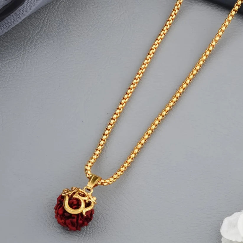 Om Rudraksha Gold Plated Pendant with Chain | Spiritual Protection Necklace for Men & Women