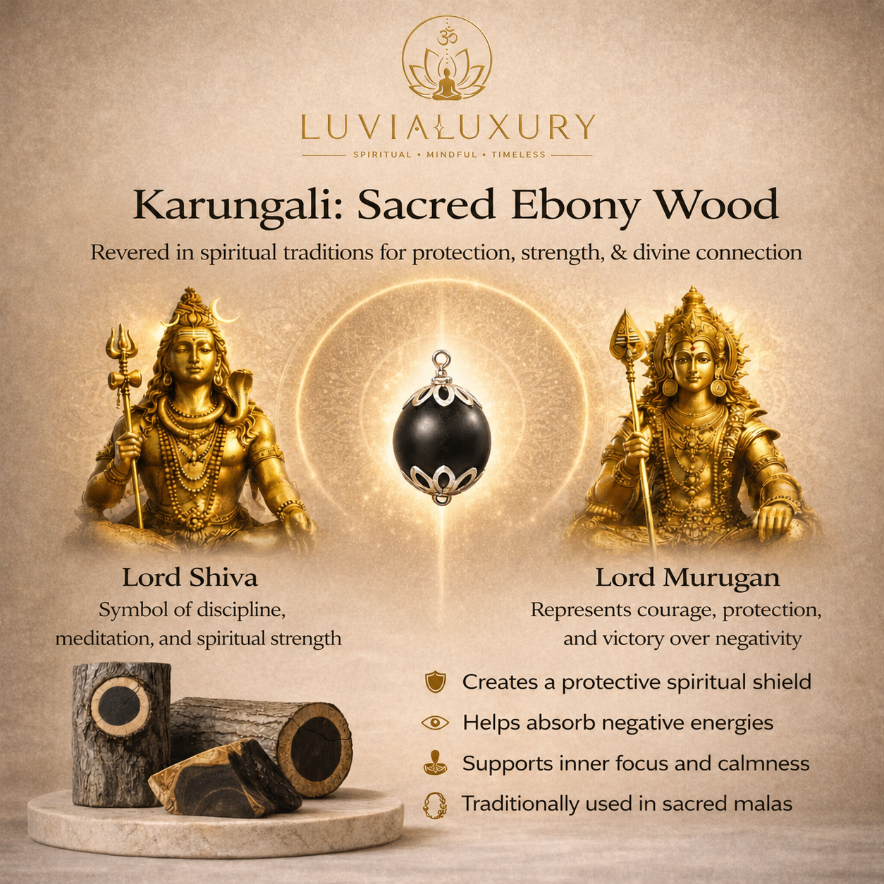 Lord Murugan Pendant with Karungali Mala | Natural Ebony Wood |
