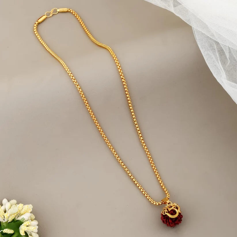 Om Rudraksha Gold Plated Pendant with Chain | Spiritual Protection Necklace for Men & Women