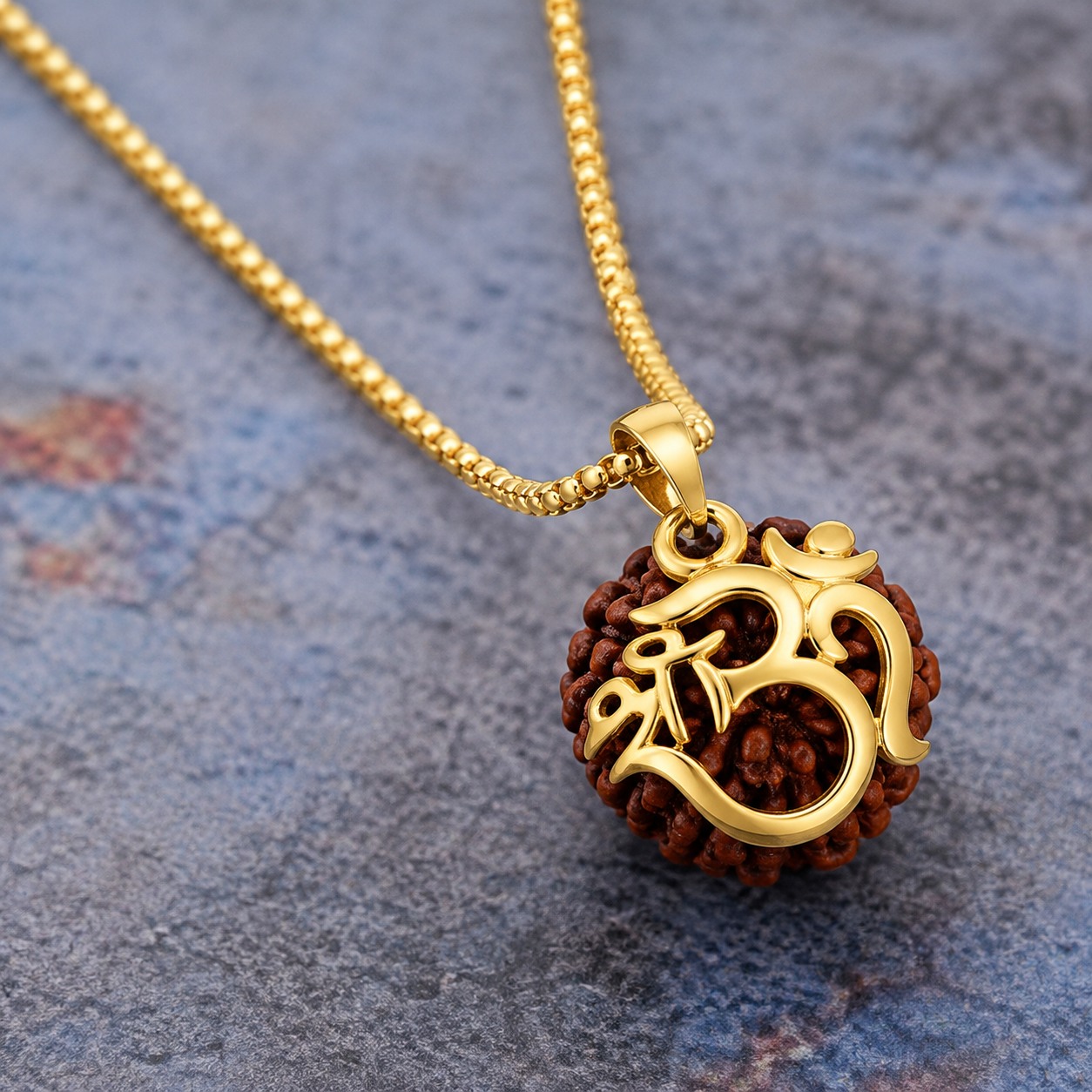 Om Rudraksha Gold Plated Pendant with Chain | Spiritual Protection Necklace for Men & Women