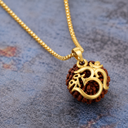 Om Rudraksha Gold Plated Pendant with Chain | Spiritual Protection Necklace for Men & Women