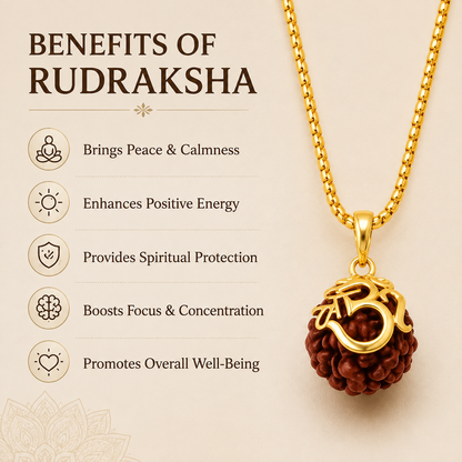 Om Rudraksha Gold Plated Pendant with Chain | Spiritual Protection Necklace for Men & Women